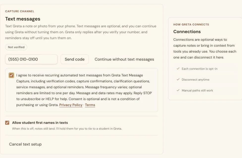 Greta Settings Text messages card with the full synthetic phone number, consent checked, and Send code enabled