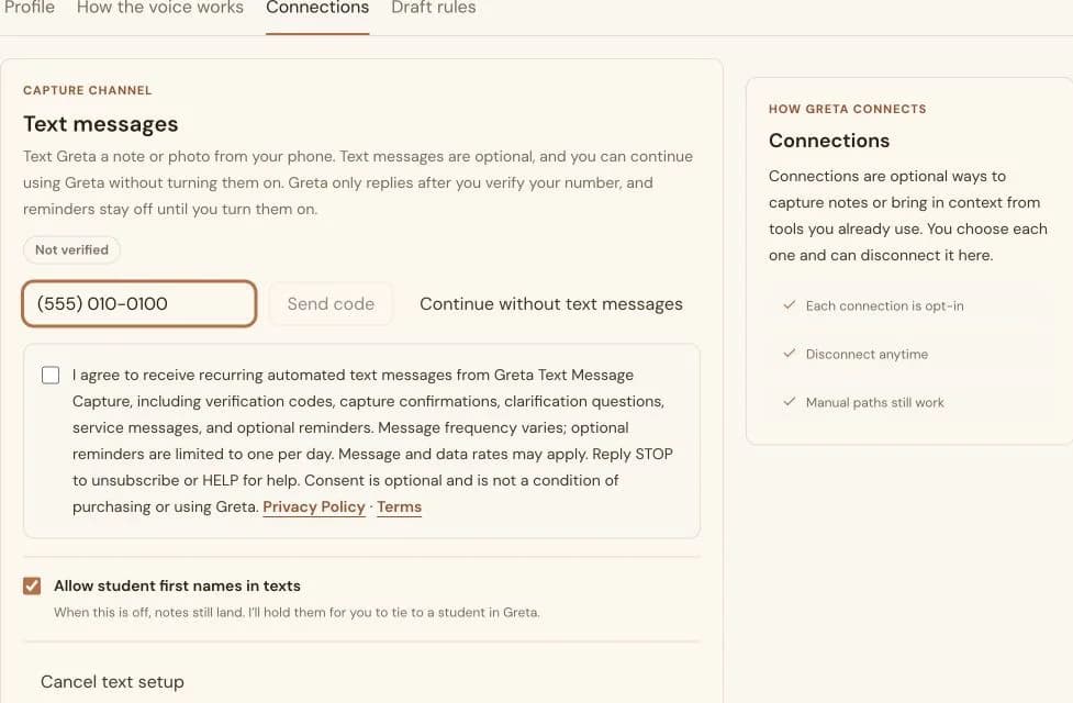 Greta Settings Text messages card with the full synthetic phone number, consent unchecked, Send code disabled, and Continue without text messages available